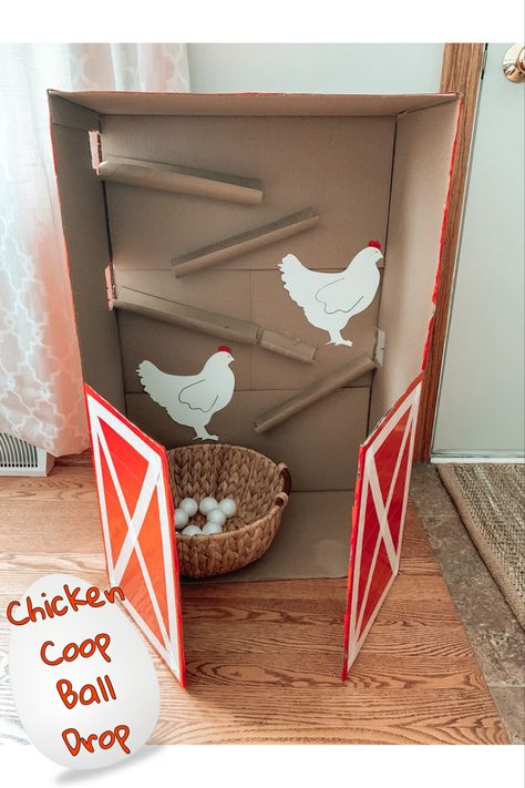 Create a chicken coop ball drop that your kids will love using a cardboard box and toilet paper rolls! #kidsactivities #kidsplay #kidsgames #kidstoys #farmplay #springactivities Cardboard Chicken Coop, Cardboard Chicken, Farm Activities Preschool, Farm Animals Activities, Farm Theme Preschool, Farm Preschool, Dramatic Play Preschool, Aktiviti Kanak-kanak, Farm Activities