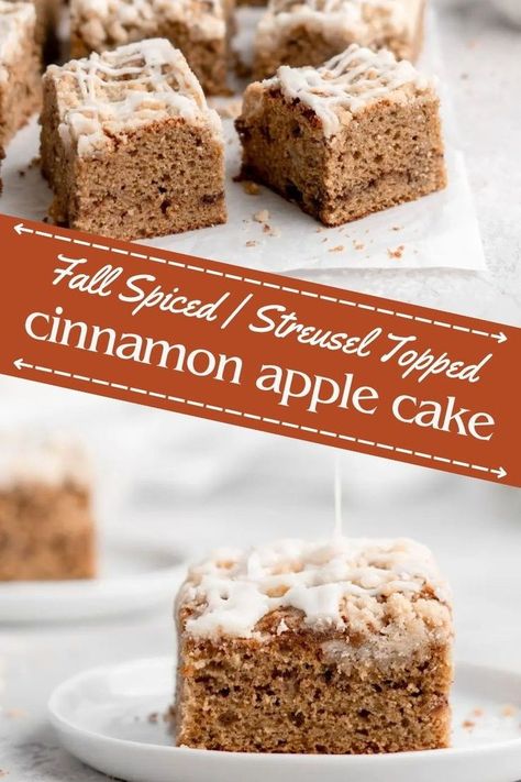 This Apple Cinnamon Spice Sheet Cake is a breeze to make and full of sweet, cozy fall-inspired flavors. The Apple Spice Cake features a moist crumb that is spiced with cloves and cinnamon, and has that deep caramel sweetness from the dark brown sugar. No need for frosting with this Apple Cinnamon Spice Sheet Cake because the cake is topped with a buttery, crumbly streusel topping and a very lightly spiked bourbon vanilla glaze! Perfect for any occasion! Cinnamon Spice Cake, Spice Sheet Cake, Apple Streusel Cake, Streusel Cake, Apple Spice Cake, Apple Streusel, Apple Glaze, Dark Brown Sugar, Apple Spice