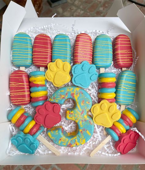 Paw Patrol Cakecicles, Paw Patrol Macarons, Paw Patrol Chocolate Covered Pretzels, Paw Patrol Gable Boxes, Paw Patrol Soap, Healthy Dog Treats Homemade, Kids Birthday Theme, Paw Patrol Cake, Kids Treat