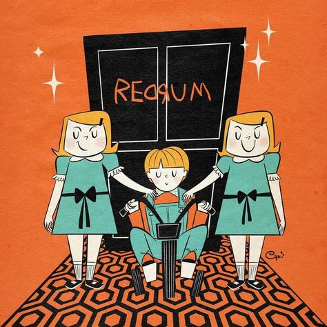 Cyn Barrera on Instagram: "Redrum! 👆🏻

Here’s my entry for the January challenge organized by the @ghoulishartguild and @ladytpowers 

The prompt is “The Shining“ 🪓 🩸 which is one of my favorite movies 🍿 

Beware of twin sisters that look suspiciously harmless 🙀

#midcenturymodern #borolina #cynthiabarrera #childrensbooksillustrator #retroillustration #retrovibe #50sdesign #starbust #atomic #midcenturyinspired #cartoon #retrolover #illustration #theshining #redrum #twinsisters" The Shining Illustration, The Shining Characters, January Challenge, 50s Design, My Favorite Movies, Halloween Illustration, Retro Illustration, Cartoon Tv, Twin Sisters