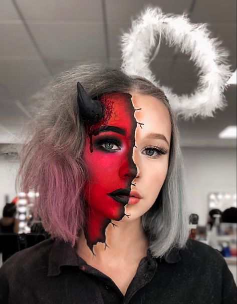 #makeup #devilmakeup #angelmakeup #angeldevilmakeup Half And Half Makeup Halloween, Halloween Makeup Contacts, Half Makeup Face Halloween, Half And Half Halloween Makeup, Half Angel Half Devil Makeup, Pretty Devil Makeup, Half Angel Half Demon Costume, Cool Halloween Makeup Pretty, Halloween Make Up Ideas Creative