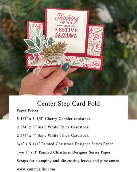 Stampin Up Center Step Card Tutorial, Fancy Christmas Cards, Folded Christmas Cards, Center Step Cards, Papercraft Christmas Cards, Papercrafting Techniques, Christmas Card Tutorials, Fancy Christmas, Step Card