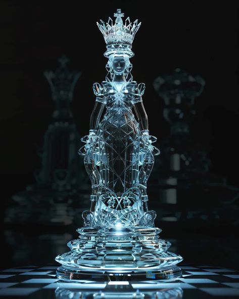 The image is a 3D rendering of a chess piece. It is made of glass and has a blue tint ->> more details in ai-img-gen.com Glass Chess Pieces, Queen Chess, Queen Chess Piece, Glass Chess, Wearing A Crown, Chess Queen, Chess Pieces, 3d Rendering, Chess Board