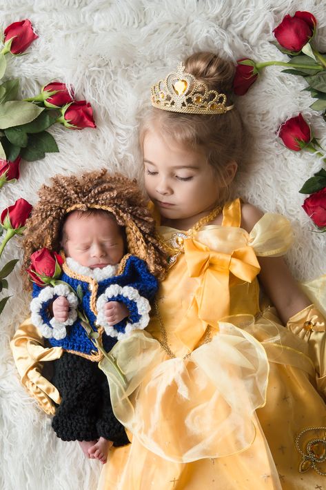 Newborn Disney Halloween Costumes, Newborn Beauty And The Beast Photoshoot, Beast Baby Costume, Beauty And The Beast Newborn Pictures, Beauty And The Beast Maternity Shoot, Beauty And The Beast Photoshoot, Baby Princess Costume, Sibling Halloween Costumes