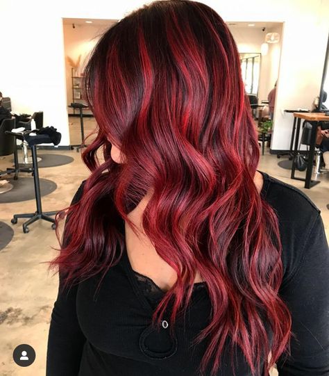 Layered Red Balayage Hair, Bright Red Balayage Hair Brunettes, Cherry Red With Highlights, Root Smudge Red Hair, Bright Red Highlights On Dark Hair, Red Hair With Lowlights Dark, Bright Red Highlights In Brown Hair, Bright Red Balayage Hair, Red Bayalage Hair