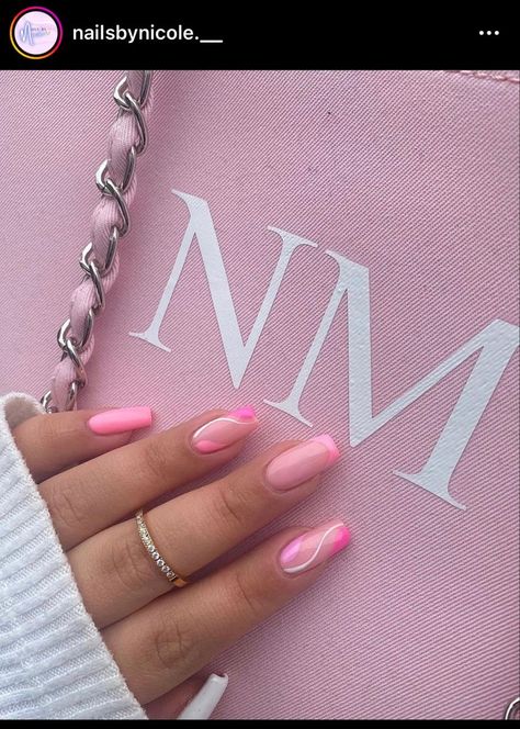 Trendy Nails Pink And Glitter, Blue Neon Nails Summer, Light Blue Biab Nails, Festival Biab Nails, Pink Summer Nails Coffin, Pink Nails With White Lines, Pink Festival Nails, Light Blue And Pink Nails, Light Pink Nails With Design