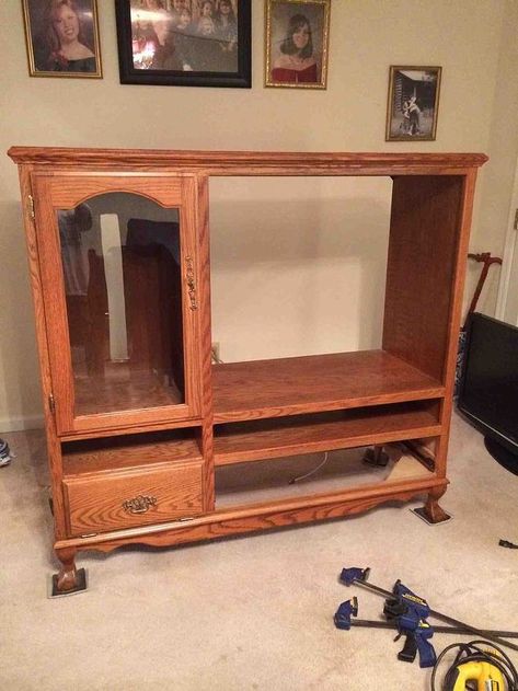 We bought an oak entertainment center in 2002 and as TV's changed over the yrs this cabinet became outdated. It was to heavy to move and couldn't sell it when we tried so we decided to repurpose this piece.Before!I'm now in love it again and not confined to a small TV anymore. What To Do With Old Entertainment Center, Cottagecore Entertainment Center, Diy Old Tv Cabinet Ideas, Refurbished Entertainment Center Ideas, Entertainment Center Redo Ideas, Paint Entertainment Center Diy, Old Entertainment Center Ideas, Repurposed Entertainment Center Ideas, Old Entertainment Center Repurpose