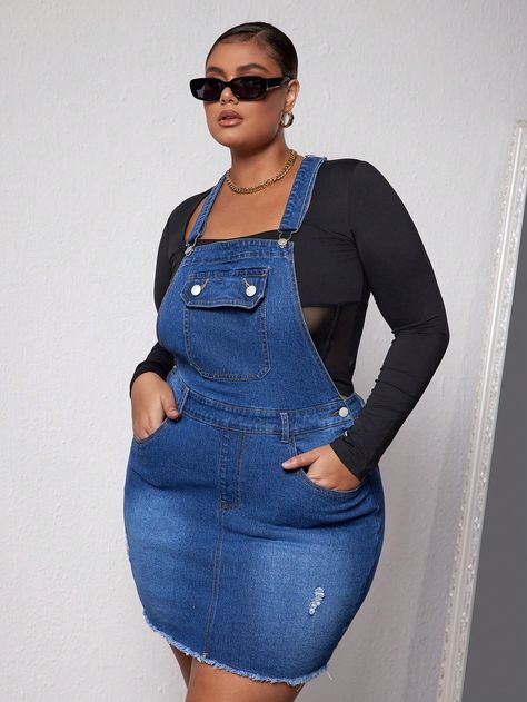 Plus Size Solid Color Pocket Distressed Frayed Edge Pinafore Denim Dress Dark Wash Casual  Sleeveless Denim Plain Pinafore Medium Stretch Spring/Fall Women Plus Clothing, size features are:Bust: ,Length: ,Sleeve Length: Beautiful Snakes, Plus Size Denim, Wishes Images, Casual Stripes, Knit Tees, Pajamas Women, Wide Leg Jeans, Plus Clothing, Colorful Leggings