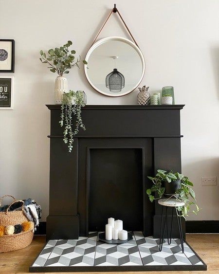 Faux Fireplace Ideas, Kitchen Cupboard Colours, Fireplace Inspiration, Old Stove, Black Fireplace, Geometric Floor, Fire Surround, Chimney Breast, Favorite Paint Colors