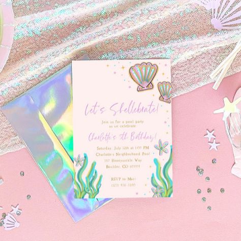 $3.08 | Magical Shell-e-bration Birthday Party Invitation - mermaid, birthday, shellebrate, shellebration, girl birthday, under the sea, mermaid birthday, birthday invitation, party invitation, lets shellebrate Mermaid Party Invitations, Sea Artwork, Mermaid Birthday Invitations, Printable Invitation Templates, Carton Invitation, Under The Sea Party, Mermaid Party, Mermaid Birthday, Party Invite Template