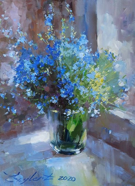 Nataliia Englert, Forget-me-nots, 2020, Oil on canvas, 40 x 30 Flower Art Painting Abstract, Flower Painting Oil, Flower Bouquet Painting, Art Painting Abstract, Piskel Art, Painting Canvases, Abstract Flower Painting, Forget Me Nots, Autumn Painting