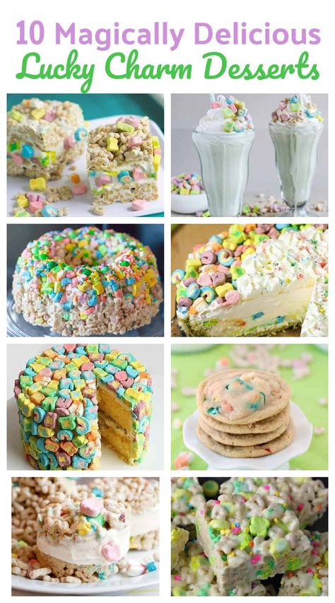 10 Magically Delicious Lucky Charm Desserts - #stpatricks #luckycharms #holidays #cereal #treats #marshmallow #green Fun Dessert Ideas, Lucky Charms Recipes, Marshmellow Treats, Lucky Charms Cake, Lucky Charms Treats, Desserts For Parties, St Patrick's Day Recipes, Easy Easter Treats, Lucky Charms Marshmallows