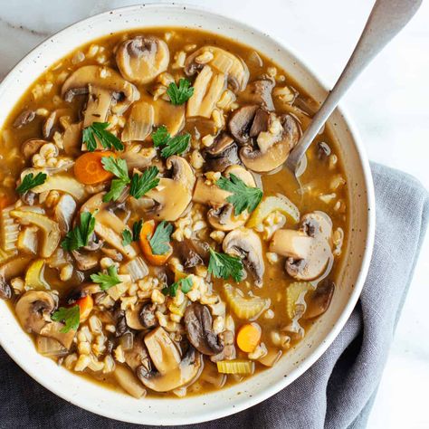 Mushroom Barley Soup (made in the Slow Cooker) - Pinch and Swirl Mushroom Barley, Mushroom Barley Soup, Oregano Chicken, Pearl Barley, Barley Soup, Delicious Soup Recipes, Comfort Soup, Vegetarian Recipe, Hearty Stews