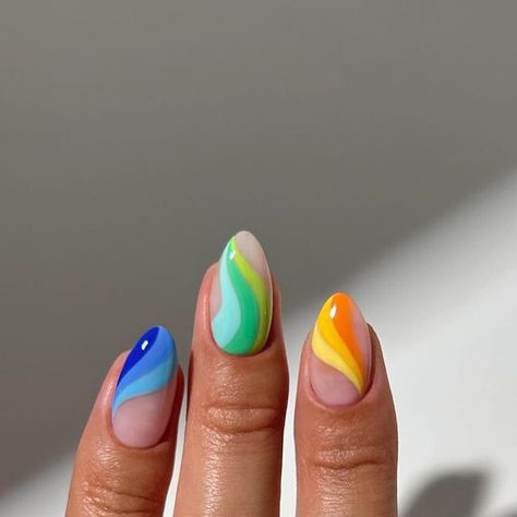 Marnie 🍒🌸🦋🌈✨ on Instagram: "rainbow swirls 🌈🍉🌸✨  • centre ring is from @monicavinader - code NAILOLOGISTMV20 for 20% off • left ring is from @suryachamak - code NAILOLOGIST20 for 20% off  #nails #rainbownails #summernails #pridenails #junenails #nailinspo #nailart #naildesign" Rainbow Swirls Nails, Rainbow Swirl Nails, Nails Multicolor, Best Toe Nail Color, Clear Gel Nails, August Nails, 3d Flower Nails, Colors For Dark Skin, Toe Nail Color