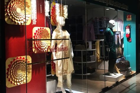 aLL festive window by Future Lifestyle Fashion Pan  India Diwali Window Display, Display Visual Merchandising, Window Display Retail, Display Retail, Traditional Windows, Conference Design, High Road, Cement Floor, Bar Led