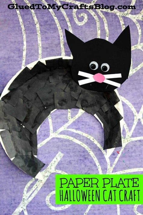 Paper Plate Black Cat - Halloween Kid Craft Black Cat Crafts For Kids, Cat Crafts For Kids, Black Cat Craft, Halloween Cat Crafts, Cat Crafts Preschool, Cat Diy Crafts, Halloween Crafts Preschool, School Halloween Party, Halloween Crafts For Toddlers