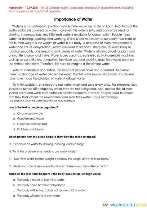 Read the scientific text for understanding. Read each question and answer choices. Select the BEST answer. Download the PDF file and try the interactive worksheet at the link above! #readingactivities #worksheet #worksheetsforkids #readingpassages #englishlearning #kindergartenreading Water Worksheet, Expository Text, Maths Worksheet, Importance Of Water, Scientific Articles, Earth Surface, Comprehension Passage, English Reading, Comprehension Worksheets