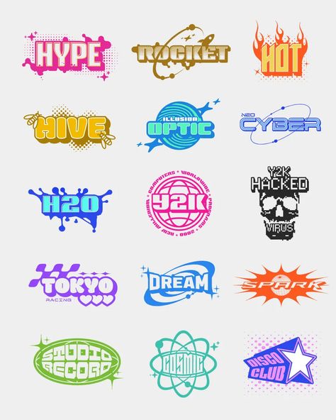 Y2k Cricut Designs, 2000s Graphic Design Typography, Futuristic Logo Design Inspiration, 90s Logos Graphic Design, 90s Logo Design, Futuristic Logo Design, Graffiti Logo Design, Festival Stickers, Y2k Logo Design