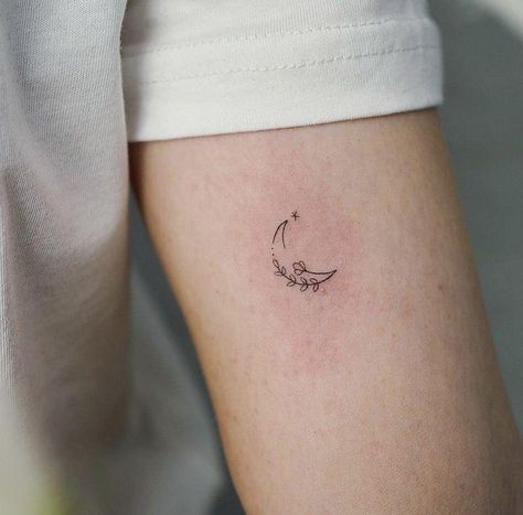 Minimalist Girly Tattoo, Moon With Lavender Tattoo, Flower Moon And Stars Tattoo, Moon Lavender Tattoo, Moon Women Tattoo, Dainty Moon Tattoos For Women, Dainty Moon Tattoos, Lavender Moon Tattoo, Delicate Moon Tattoo