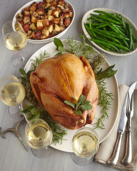 White Wine and Cider Brined Roasted Turkey with Swiss Chard, Sausage, Apple, and Dried Plum Stuffing - Discover California Wines Thanksgiving Wine Pairing, Turkey Marinade, Joanne Chang, Turkey Glaze Recipes, Deep Fried Turkey, Thanksgiving Wine, Turkey Glaze, Fried Turkey, Turkey Recipes Thanksgiving