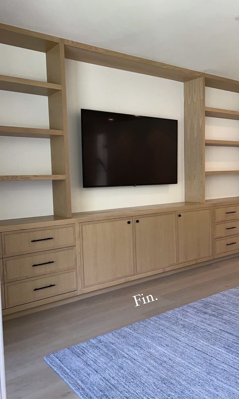 Built In Media Console Living Room, White Oak Built In Tv Cabinet, Media Console Built In, Natural Wood Entertainment Center, Wood Entertainment Wall, Light Wood Entertainment Center, Natural Wood Built Ins Living Room, White Oak Built In, Built In Media Console