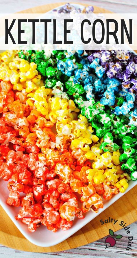 Rainbow popcorn, a colored popping corn with gel food coloring and white sugar, is the delicious basis for what is commonly known and enjoyed as Kettle corn. The sweet and salty flavors, dressed up in rainbow colors, are a fun tasty popcorn treat that feels like the county fair but can be made at the home stovetop. #rainbowpopcorn #tiktok #viralrecipe @SaltySideDish #kettlecorn Kettle Corn Popcorn Recipe, Popcorn Stovetop, Colored Popcorn Recipe, Flavored Popcorn Recipes, Popcorn Recipes Sweet, Sugar Popcorn, Kettle Corn Recipe, Kettle Corn Popcorn, Popcorn Recipes Easy