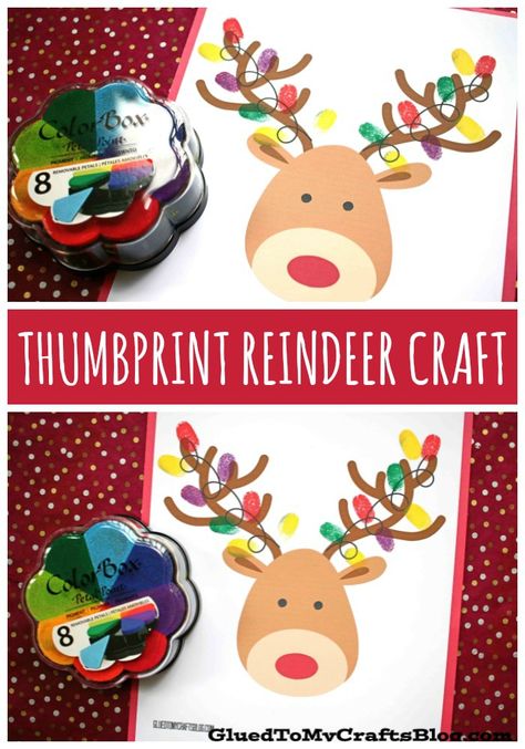 Reindeer Fingerprint Craft, Thumbprint Christmas Lights, Reindeer With Christmas Lights, Toddler Reindeer Craft, Kindergarten Reindeer Crafts, Preschool Crafts For Christmas, Christmas Lights Preschool Craft, Reindeer Projects For Kids, Preschool Christmas Lights Craft