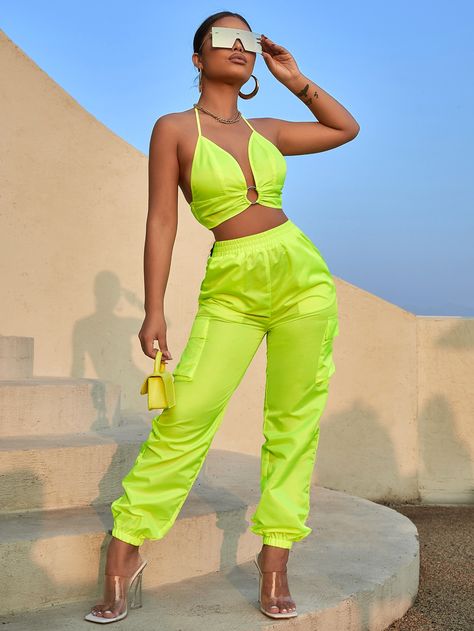 Lime Green Casual   Polyamide Plain Cargo Pants Embellished Non-Stretch Spring Women Bottoms Neon Green Cargo Pants Outfit, Lime Green Pants Outfit Summer, Neon Party Outfit For Women, Lime Green Pants Outfit, Jamaica Photoshoot, Doja Concert, Lime Green Fashion, Lime Green Outfit, Kids Reference