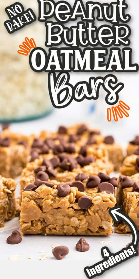 These No-Bake Peanut Butter Oatmeal Bars can be made in just minutes and are the perfect quick breakfast or afternoon snack. Only 5-ingredients including creamy peanut butter, honey, vanilla, oats, and chocolate chips! Dorm Snacks, Diy Protein Bars, Oats And Chocolate, No Bake Oatmeal Bars, Peanut Butter Oatmeal Bars, Butter Honey, Lost 100 Pounds, Peanut Butter Honey, Peanut Butter Oatmeal