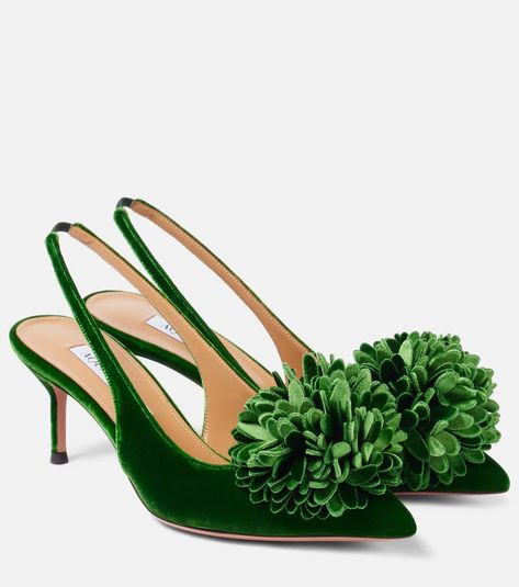 Couturier Sling 65 velvet slingback pumps in green - Aquazzura | Mytheresa Casual Ballet Flats, Green High Heels, Green Pumps, Aquazzura Shoes, Velvet Pumps, Mid Heels Pumps, Designer Pumps, Slingback Flats, Blue Pumps