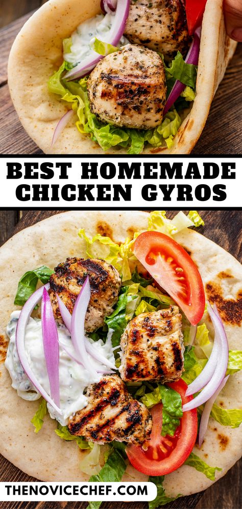 This chicken gyro recipe is packed with juicy marinated chicken, fresh vegetables, and creamy tzatziki sauce. You'll love this comforting Greek dinner! Chicken Greek Gyro Recipe, Greek Wraps Chicken Tzatziki Sauce, How To Make Chicken Gyros At Home, Taziki Sauce Recipe Meals, Greek Gyro Sauce, What To Do With Tzatziki Sauce, Chicken With Taziki Sauce, Chicken Yiros Recipe, Greek Inspired Chicken