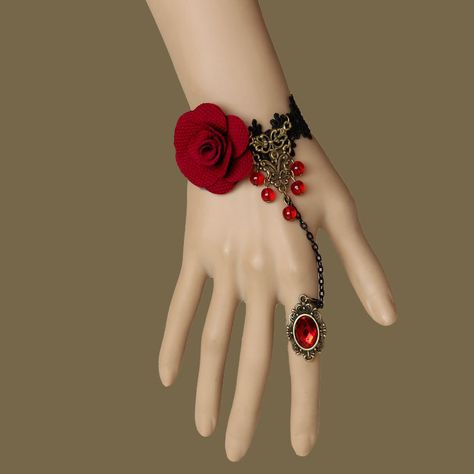 Red Gothic, Lace Bracelet, Style Gothic, Belly Dancer, Red Rose Flower, Fashion Jewelry Sets, Goth Punk, Hand Jewelry, Fantasy Jewelry