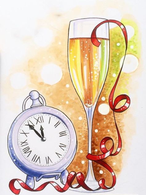 New Years Eve Drawing, New Years Eve Cards, New Years Painting, New Year Sketch, Happy New Year Watercolor, New Year Artwork, Happy New Year Drawing, New Year Drawing Ideas, Happy New Year Art