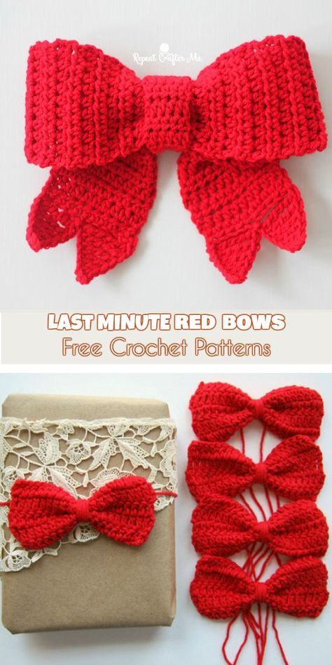 Last Minute Red Bows for Christmas Decorations and Gifts Wrapping [Free Patterns] Follow us for ONLY FREE crocheting patterns for Amigurumi, Toys, Afghans and many more! Crochet Gift Wrapping Ideas, Crochet Bows Free Pattern, Crochet Bow Pattern, Crochet Hair Bows, Crochet Christmas Gifts, Crocheting Patterns, Gifts Wrapping, For Christmas Decorations, Crochet Xmas