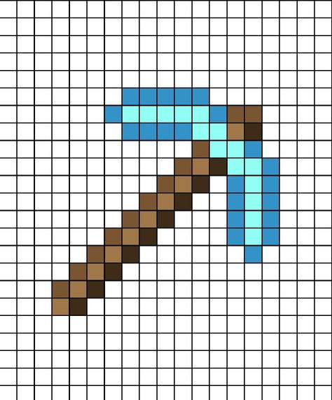 Pixel art template of a diamond pick-axe from Minecraft. Used to mine stone. Minecraft Steve Pixel Art, Pixel Drawing Minecraft, Minecraft Tools Pixel Art, Minecraft Animal Pixel Art, Pixel Art Easy Minecraft, Easy Pixel Art Minecraft, Minecraft Vines Pixel, Pixel Minecraft Art, Pixel Art Grid Minecraft