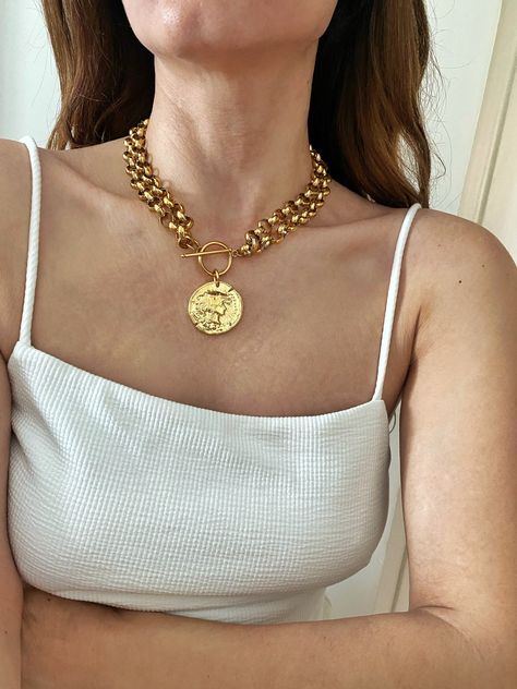 Large Coin Necklace, Winter Arch, Coin Necklace Gold, Jewelry Logo Design, Chunky Chain Necklace, Jewelry Logo, Chunky Chain Necklaces, Medallion Necklace, Summer 24