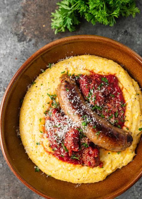 Ragu And Polenta, Polenta And Sausage Recipes, Italian Sausage Polenta, Polenta Dinner Ideas, Dinner With Polenta, Savory Polenta, What To Make With Polenta, Polenta With Sausage, Dinner Italian Sausage