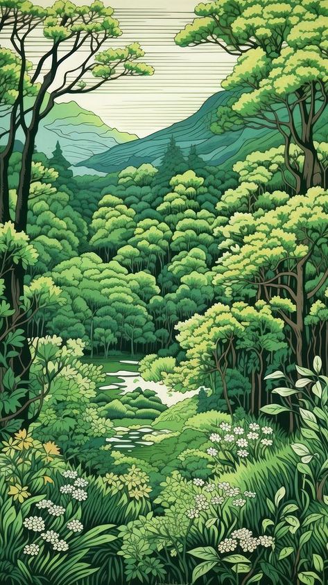 Traditional japanese spring forest vegetation outdoors woodland. | premium image by rawpixel.com / Manee Rawpixel Woodland Illustration Forest, Forest Line Art, Illustrated Landscape, Forest Vegetation, Iphone Spring Wallpaper, Wallpaper Japanese, Woodland Illustration, Japanese Spring, Japanese Forest