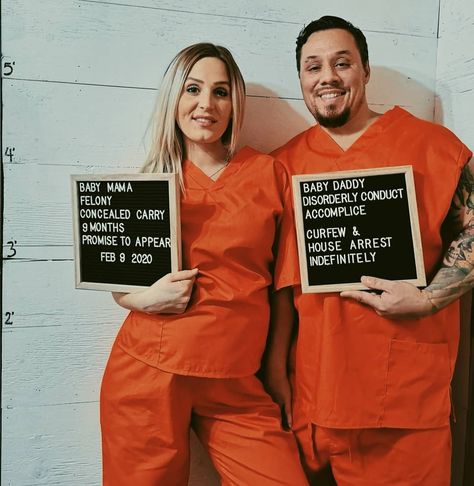 An easy DIY & fun way to celebrate your Pregnancy and halloween as a couple! Funny Pregnant Costumes, Diy Inmate Costume, Couples Costumes Pregnant Wife, Early Pregnancy Halloween Costumes, Pregnancy Costumes Couples, Halloween Costumes For Pregnant Couples, Couples Pregnancy Halloween Costumes, Couple Halloween Costumes Pregnant, Pregnancy Couple Halloween Costumes