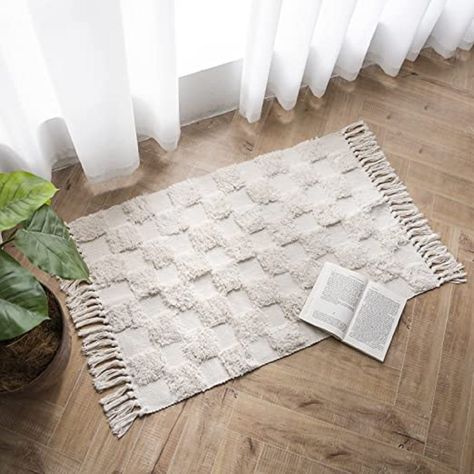 Lahome Boho Bathroom Rug, Small 2x3 Front Door Mat Checkered Beige Kitchen Throw Rug Washable Tufted Rug with Tassels, Non-Shedding Farmhouse Woven Area Rug Indoor Carpet for Bedside Table Boho Bathroom Rugs, Farmhouse Kitchen Rug, Boho Bathroom Rug, Rug With Tassels, Kitchen Throw Rugs, Carpet For Bedroom, Kitchen Rugs Washable, Beige Kitchen, Bedroom Table