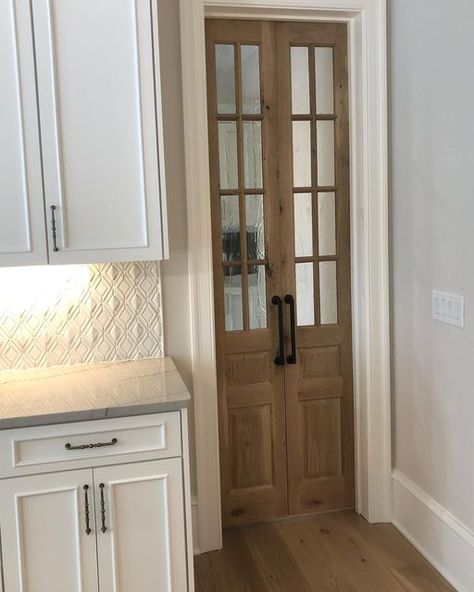 Narrow Double Pantry Doors, Glass Pantry Double Doors, Small French Doors Pantry, Long Pantry Door Handle, Side Door Entry Into Kitchen, Pantry Door Swinging, 8 Ft Pantry Door Ideas, Laundry Room Double Doors, Wood Stain Pantry Door