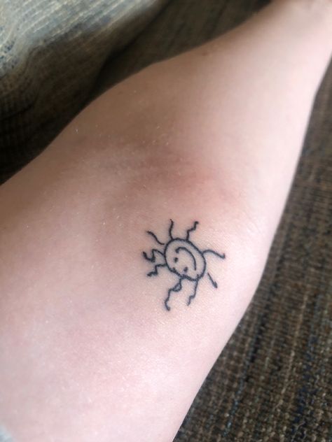 Small Rock Tattoo Ideas, Subtle Beatles Tattoo, Thank You For The Music Tattoo, Here Comes The Sun Tattoo Beatles, George Harrison Tattoo Ideas, George Harrison Tattoo, Beatles Tattoo Minimalist, Dolly Tattoo, Here Comes The Sun Tattoo