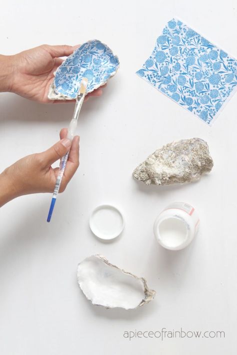 Beautiful DIY Anthropologie style oyster shell trinket dish, catch all tray, jewelry dish & ring holder. Great handmade gift, unique home decor & crafts! – A Piece of Rainbow #gift #anthropologie #boho #bohemian #crafts #art #decoupage #papercraft #indigo #ceramics #farmhousestyle #farmhousedecor #painting #delft #shabbychic #vintage #beach #livingroom #diy #homedecor DIY home decor ideas, #diyhomedecor #farmhouse #farmhousestyle Vintage, shabby chic Oyster Jewelry Tray, Valentine Oyster Shells, Oyster Shell On Canvas, Oyster Shell Art Diy, Oyster Jewelry Holder, Oyster Shell Jewelry Holder, Oyster Shell Decoupage Diy, Oyster Shell Trinket Dish, Decorated Oyster Shells