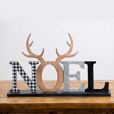 Noel with Antler Tabletop Sign from Kirkland's Salon Christmas, Lath Art, Holiday Wood Crafts, Christmas Stocking Ornament, Xmas Deco, Tabletop Signs, Pallet Crafts, White Christmas Decor, Christmas Wood Crafts