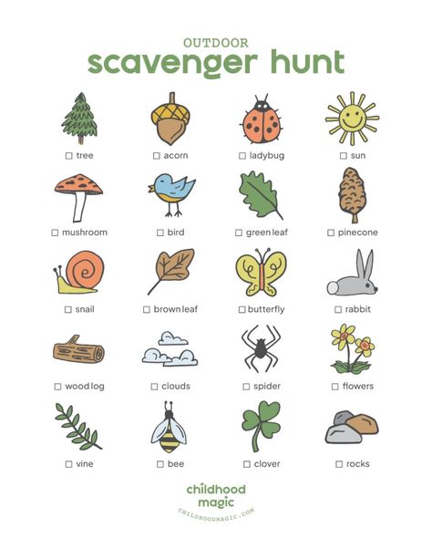 Outdoor Scavenger Hunt (Free Printable!) - Childhood Magic Lake Scavenger Hunt For Kids, Outside Scavenger Hunt For Kids, Printable Scavenger Hunt For Kids, Toddler Scavenger Hunt, Free Sunday School Printables, Free Printable Scavenger Hunt, Nature Scavenger Hunt For Kids, Nature Scavenger Hunt Printable, Neighborhood Scavenger Hunt