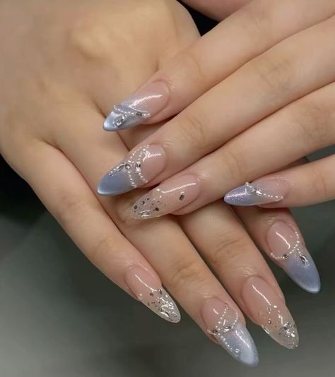 Light Blue Nails Douyin, Almond Nails Designs Douyin, Blue Asian Nails, Asian Nails Designs, Nail Designs Asian, Shoujo Nails, Blue Coquette Nails, Korean Inspired Nails, Korean Nails Ideas