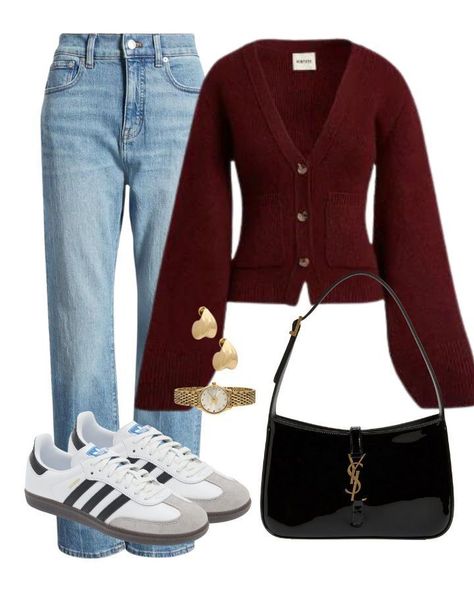 Fall Outfits With Color, Burgundy Color Outfits, Burgundy Outfits For Women Winter, Burgundy Casual Outfit, Burgundy Style Outfit, Basic Outfits For Women, Burgundy Outfit Aesthetic, Autumn Color Outfits, How To Style Cardigans