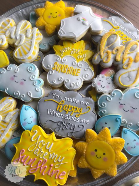 Sunshine Baby Shower Cookies, Sunshine Cookies, Summer Baby Shower Themes, Sunshine First Birthday, Sunshine Birthday Parties, Sunshine Baby Shower, March Baby, Sunflower Baby Showers, Sunshine Baby Showers