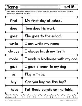 With this reading worksheet, your child read sight word sentences that correlate with sight words she just learned. If ten sentences on a page are overwhelming for your child, simply cut it and give one sentence at a time. Encourage her to move his finger below each word to help her eyes focus on Sight Words Kindergarten Printables, Kindergarten Sight Words List, Sentences Kindergarten, Second Grade Sight Words, Sight Word Spelling, Sight Word Sentences, Sight Words Printables, Kindergarten Reading Worksheets, First Grade Sight Words