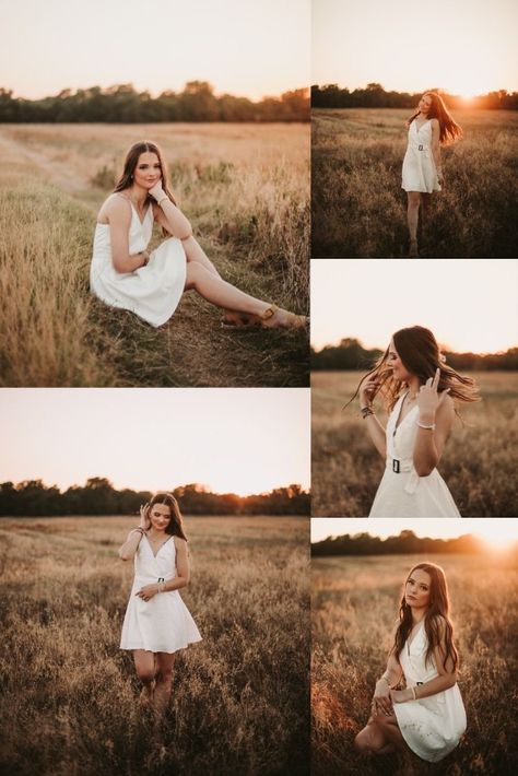 Summer Session Ideas, Senior Session Field, Field Poses Photo Ideas, White Dress Field Photoshoot, Senior Photos In Field, White Dress Photoshoot Photo Ideas, Senior Field Pictures, Photo Shoot In Field, Field Photoshoot Outfits